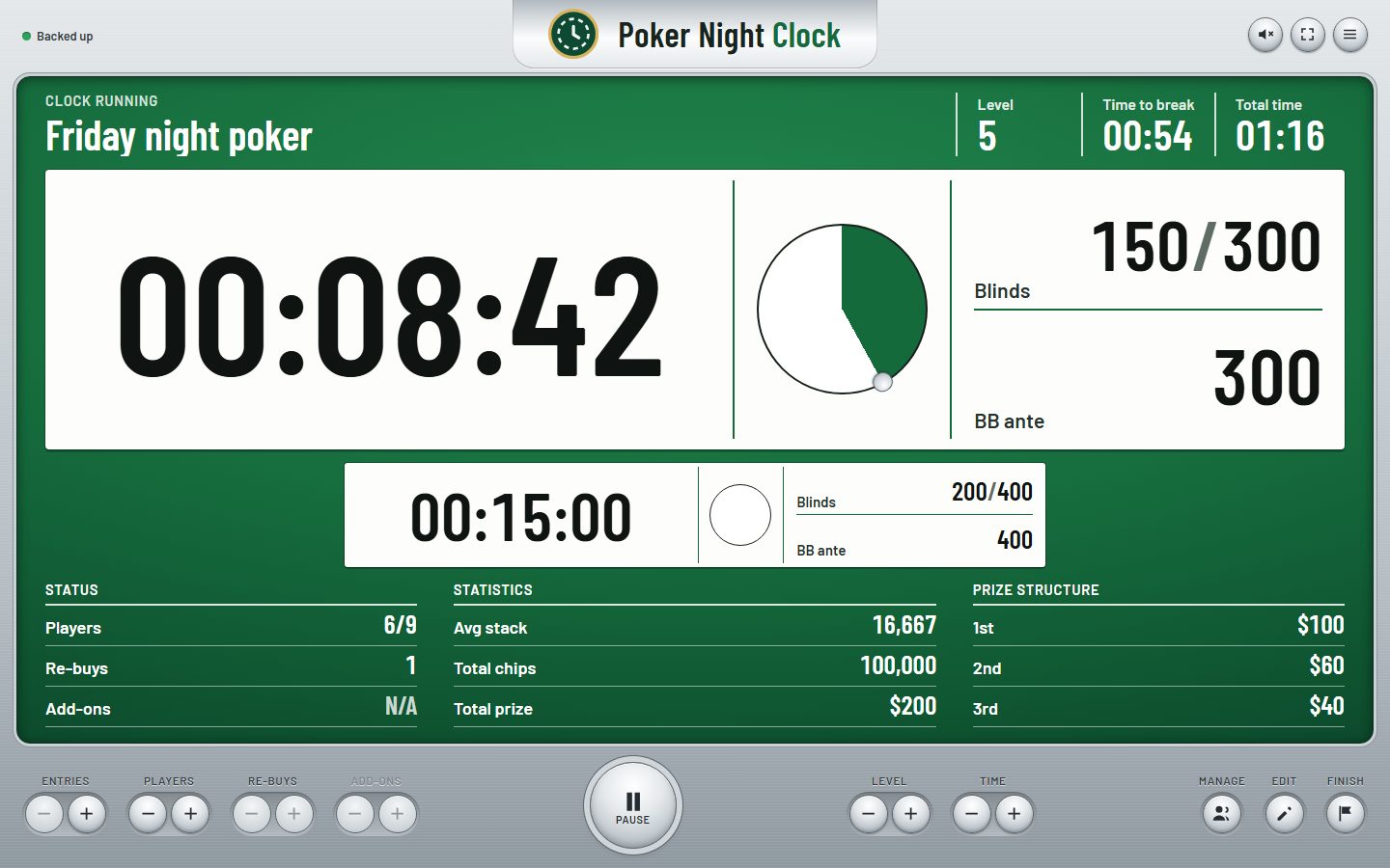 The Poker Night Clock screen showing level 5 with 8:42 left, blinds 150/300 with a 300 big blind ante, the next level, time to the break, six of nine players left, average stack and a $200 prize pool paying three places.