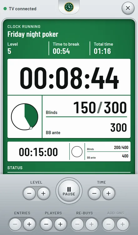 The phone remote showing the same clock, with a large Pause button.