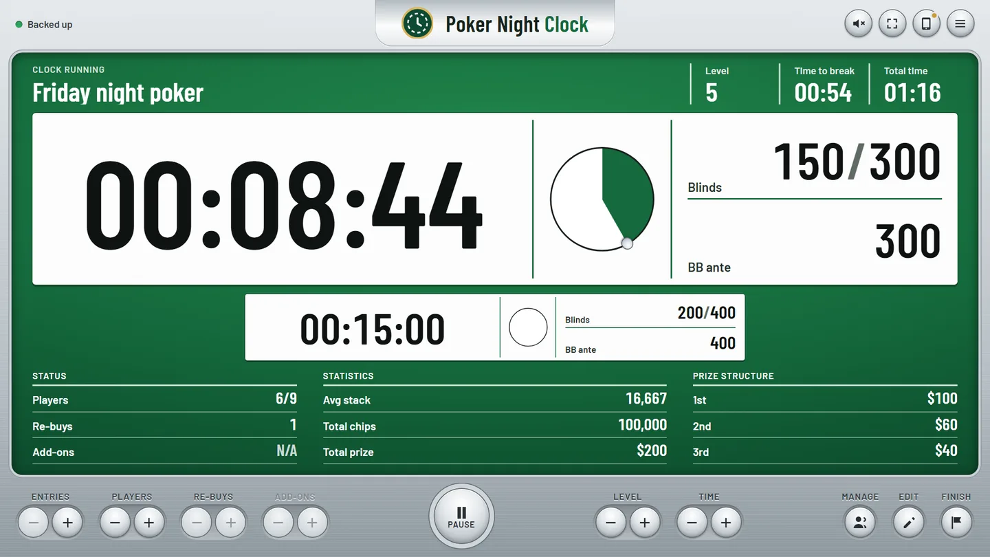The tournament clock on a TV: level 5, blinds 150/300, about 8:44 left.